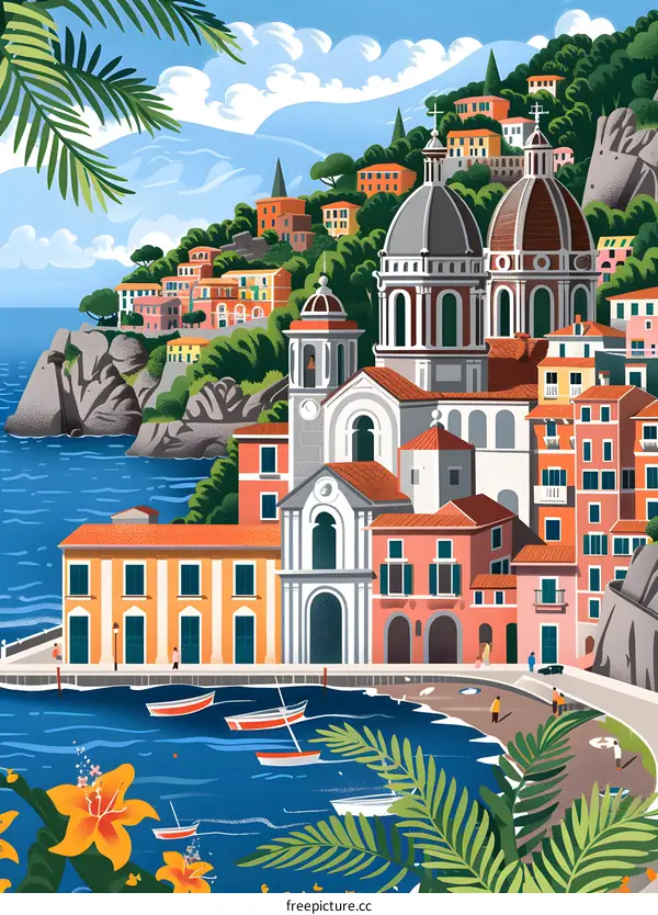 Italian Coastal Town with Church and Boats