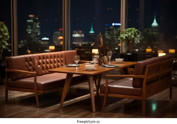 Modern dining room with a view of the city at night