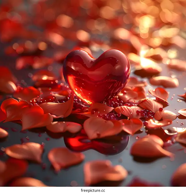 A red glass heart lies on red petals