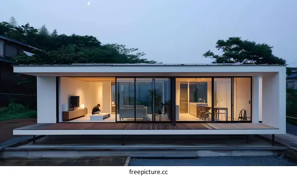 Modern Minimalist House with Glass Walls and Wooden Deck