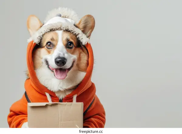 Corgi dog wearing an orange hoodie and a white hat with fur trim