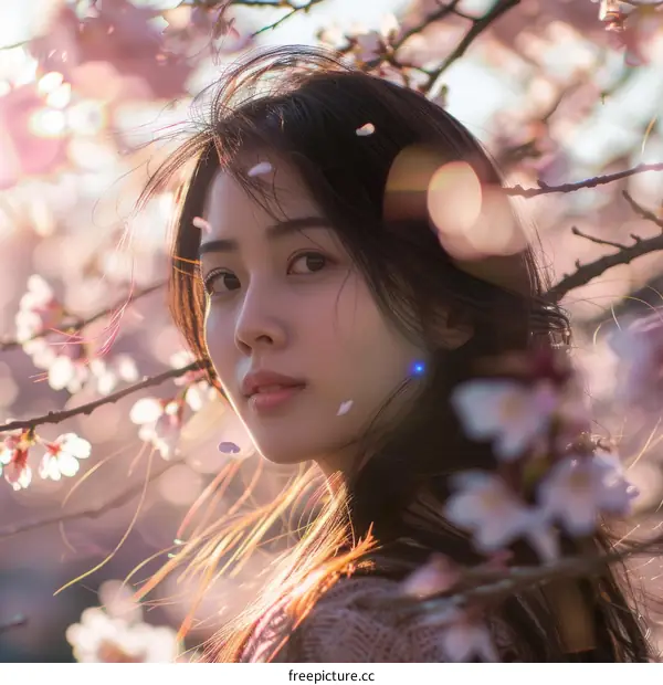 Portrait of a young Asian woman standing in a cherry blossom tree