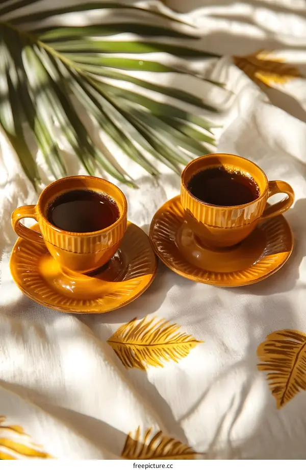 Two Cups Of Coffee On A White Tablecloth With Palm Leaves