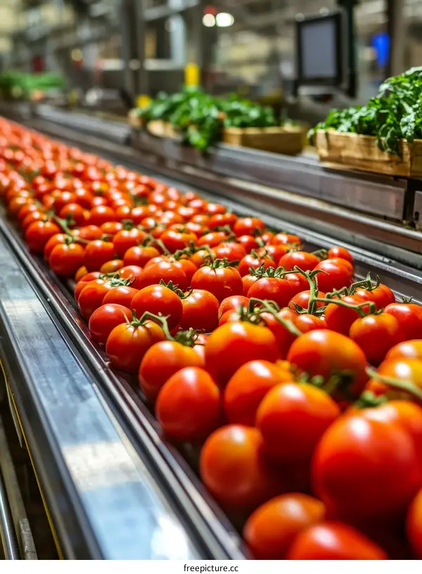 Fresh Tomatoes on Conveyor Belt at a Food Processing Plant