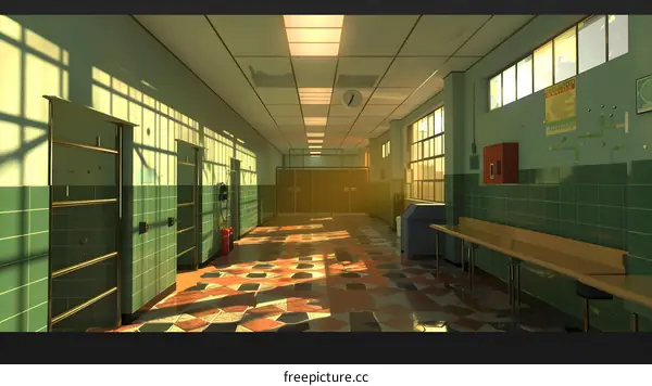 Empty School Corridor with Sunbeams Shining Through Windows