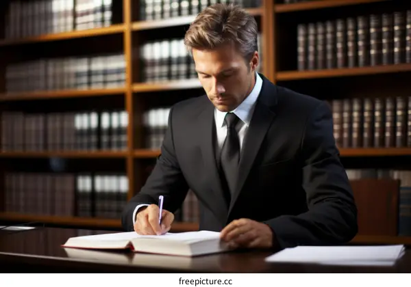 Young caucasian male lawyer working in a library