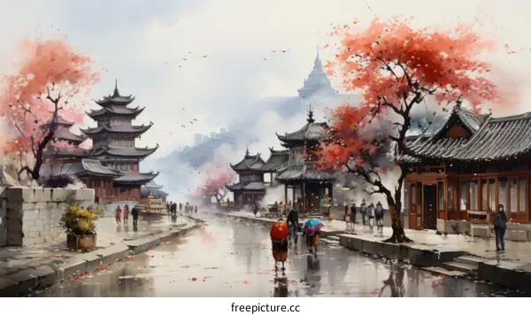 An ancient Chinese street with people walking on it