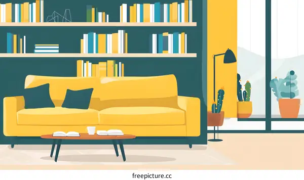 Yellow Sofa In Living Room With Bookshelf And Cactus Plants