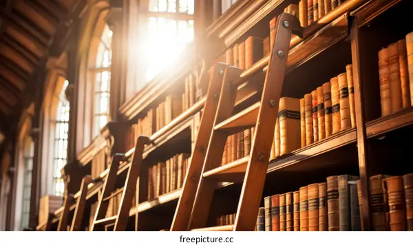 Wooden library ladders against a beautiful stained glass window