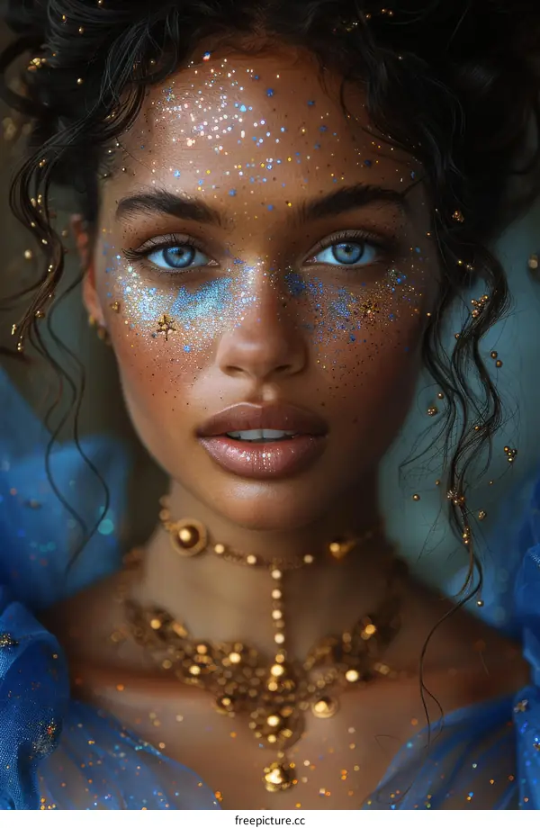 Beautiful Woman with Sparkling Makeup and Gold Jewelry