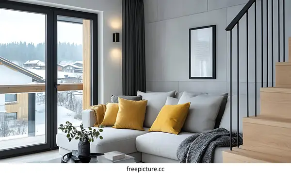 Modern Cozy Living Room with Snowy View
