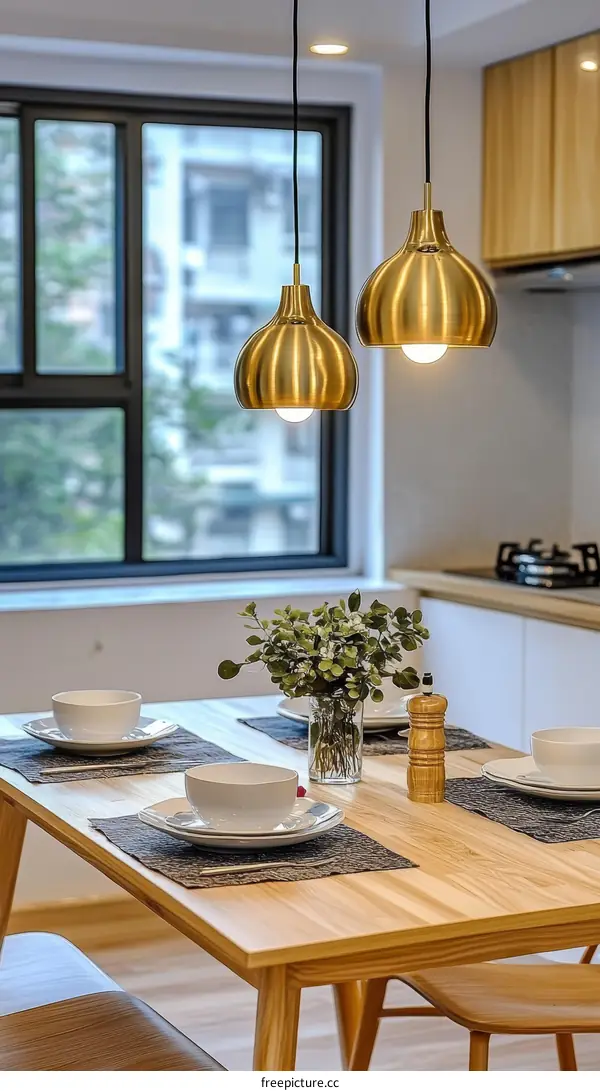 Modern Dining Table Interior with Pendant Lights
