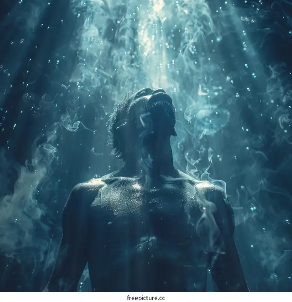 Ecstatic man with eyes closed under blue spotlight