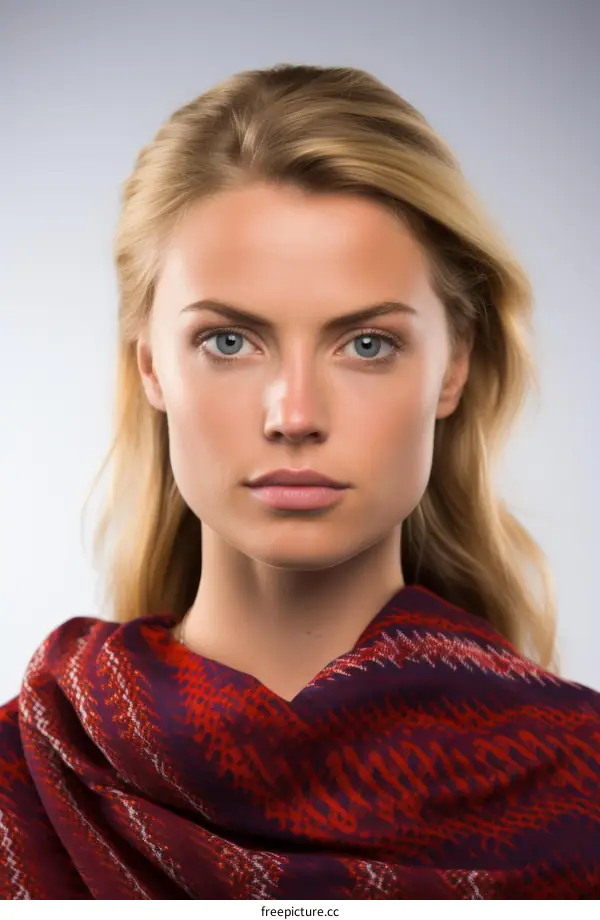 Portrait of a beautiful blonde woman wearing a red scarf