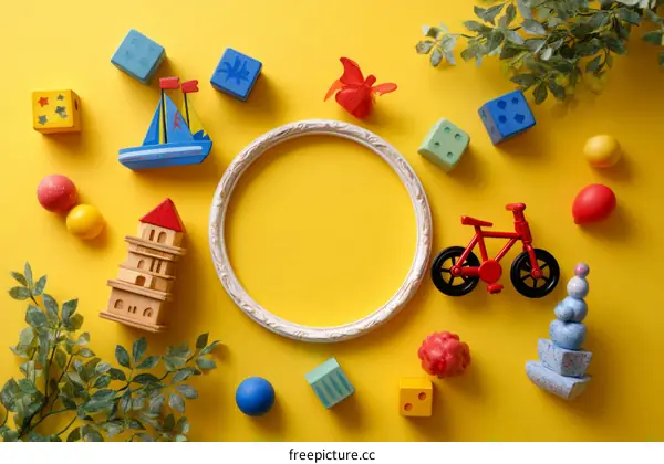 Colorful Childrens Toys on a Yellow Background