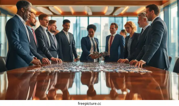 Diverse business team working together on a puzzle
