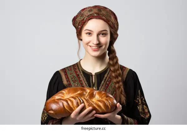 portrait of a beautiful smiling caucasian woman in traditional clothes holding a loaf of bread