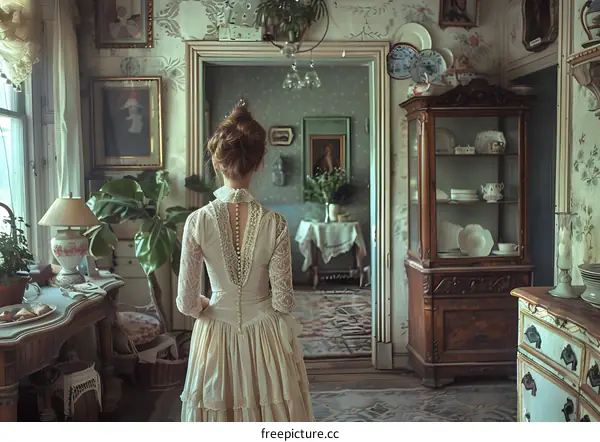 Vintage Interior Decor with a Woman in a White Dress Standing in the Room