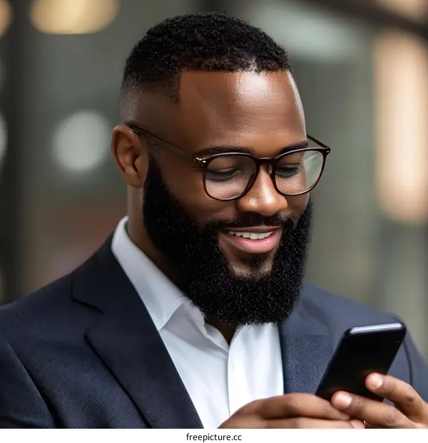 Smiling Black Businessman Looking at His Phone