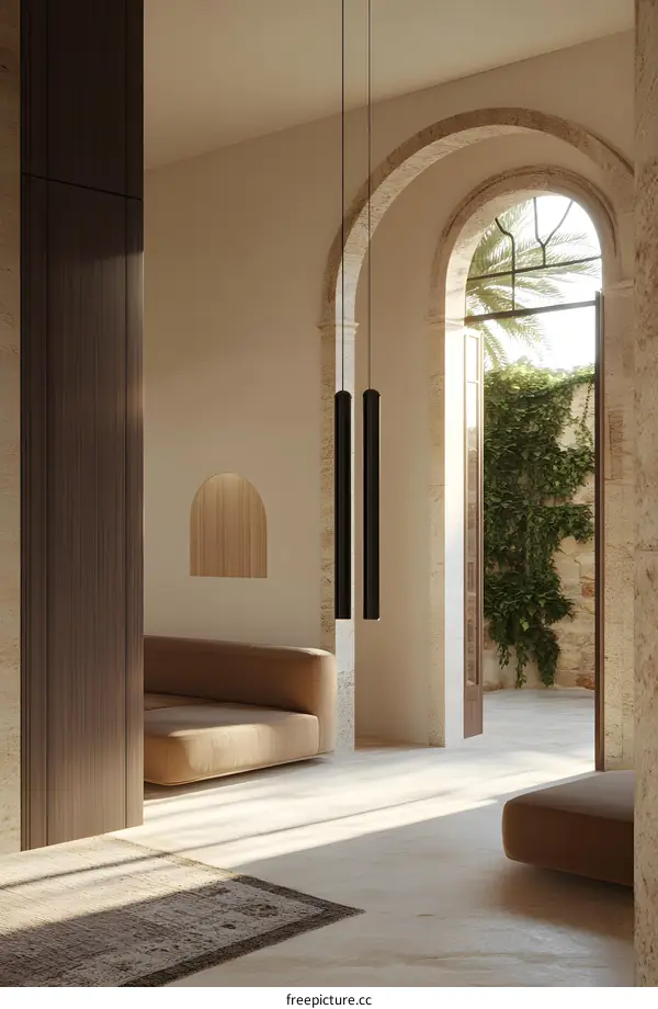 Modern Minimalist Interior Design with Arched Doorway and Patio View