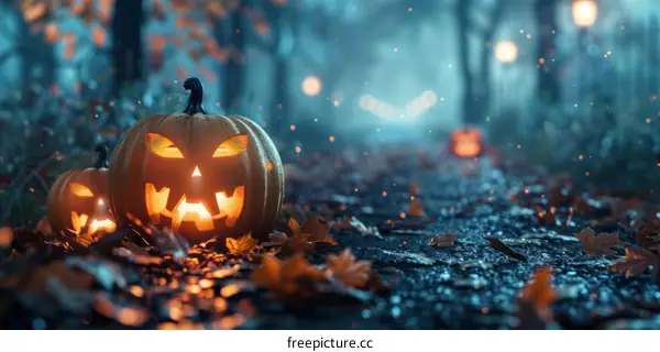 Spooky Halloween Pumpkins in a Dark Forest