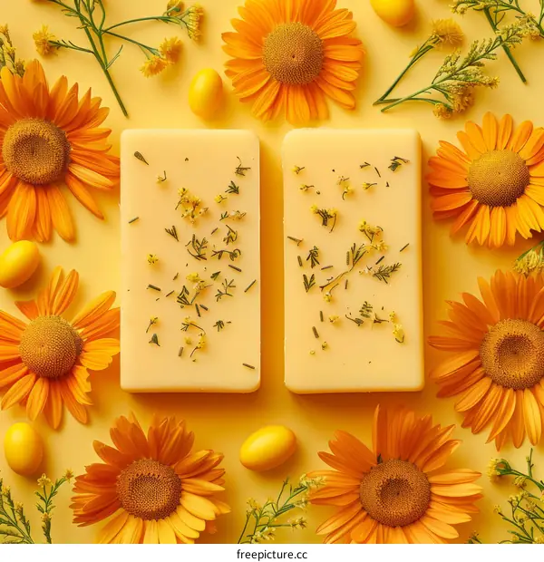 Handmade Soap with Orange Flowers on Yellow Background