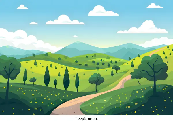 Cartoon Landscape with Green Hills and Winding Path