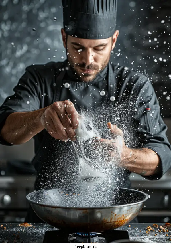 Chef in Black Uniform Seasoning Food in Frying Pan