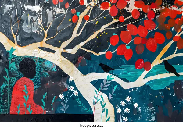 Collage Art with a Figure and Birds Under a Tree