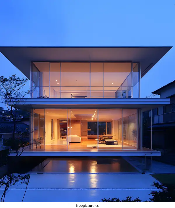 Modern Glass House with Pool and Sky