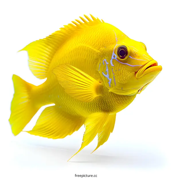 A yellow fish with blue stripes on its face