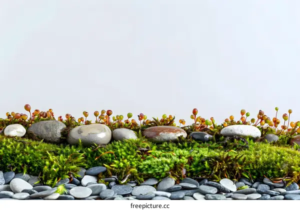 Green Moss and Stones on a White Background