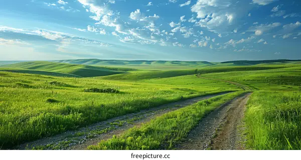 Serene Country Road Winding Through Lush Green Fields