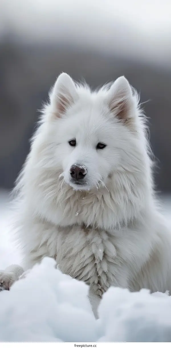 Samoyed Dog in Snowy Winter Wonderland