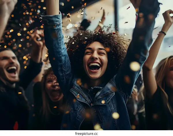 Cheerful Group of Friends Celebrating with Confetti