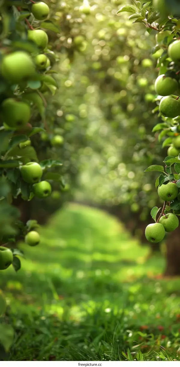 Green apples hanging on tree branches in orchard