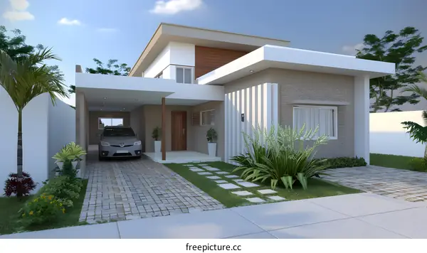 Modern House Exterior Design with Carport and Landscaping