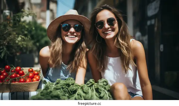 Two young women at a farmers market