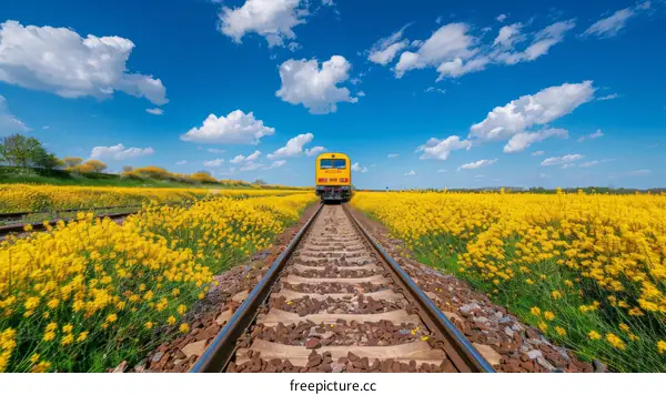 A train ride through a field of yellow flowers