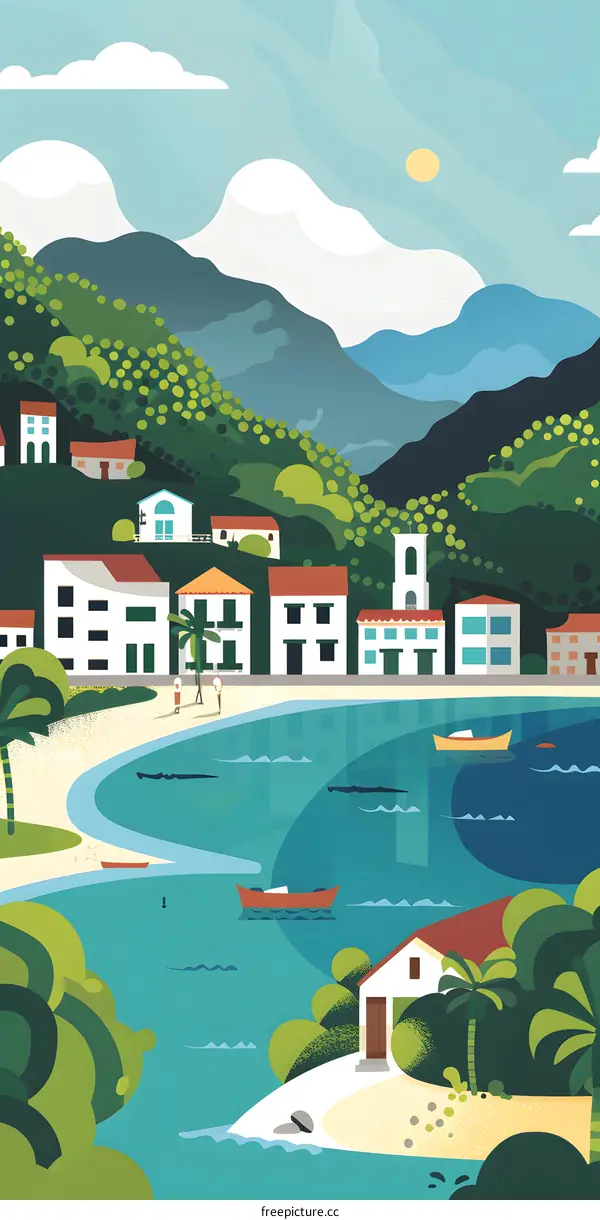 Coastal Village Illustration with Houses and Palm Trees