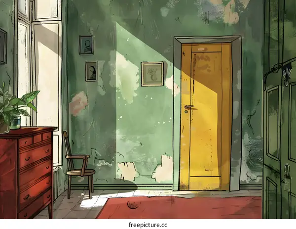 Green Wall Interior Room With Yellow Door