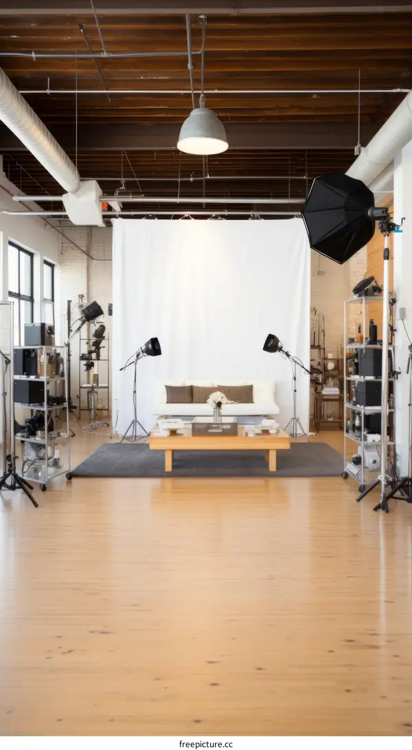 Modern photography studio with white background and couch