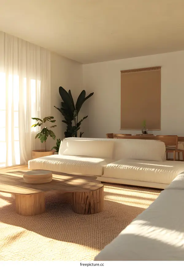 Minimalist Living Room Interior Design With Wooden Coffee Table And White Sofa