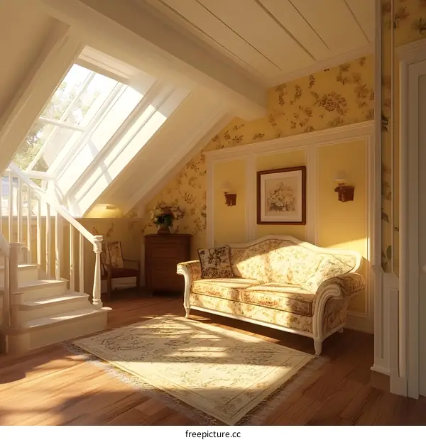 Elegant Yellow Floral Living Room with Skylight and White Staircase