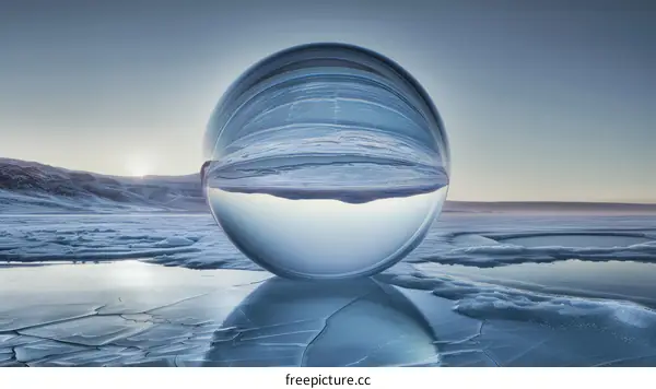 A glass ball sits on the ice, reflecting the icy landscape