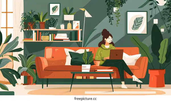 Woman Relaxing on Sofa with Laptop and Plants in Cozy Living Room