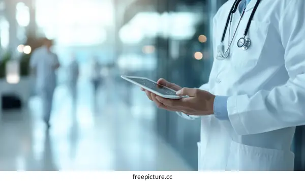 Doctor Using Tablet in Hospital Corridor