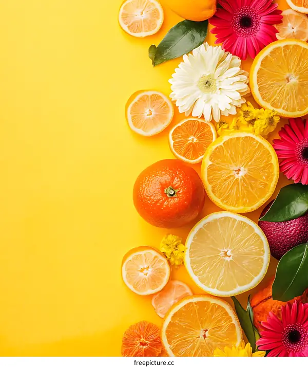 Citrus Fruits and Flowers on Yellow Background