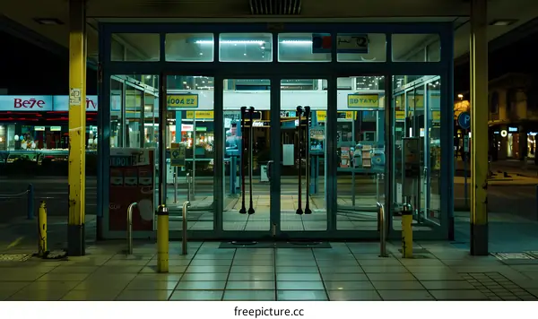 Night View of Glass Doors Entrance to a Store with Neon Lights