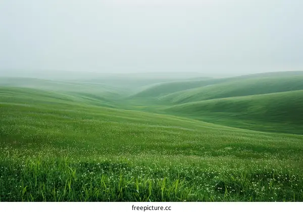 Green rolling hills under a foggy sky